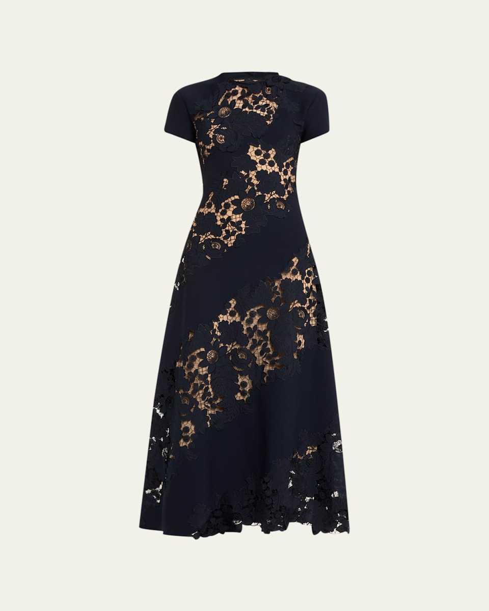 Diagonal Botanical Guipure Inset Cap-Sleeve Open-Back Maxi Dress